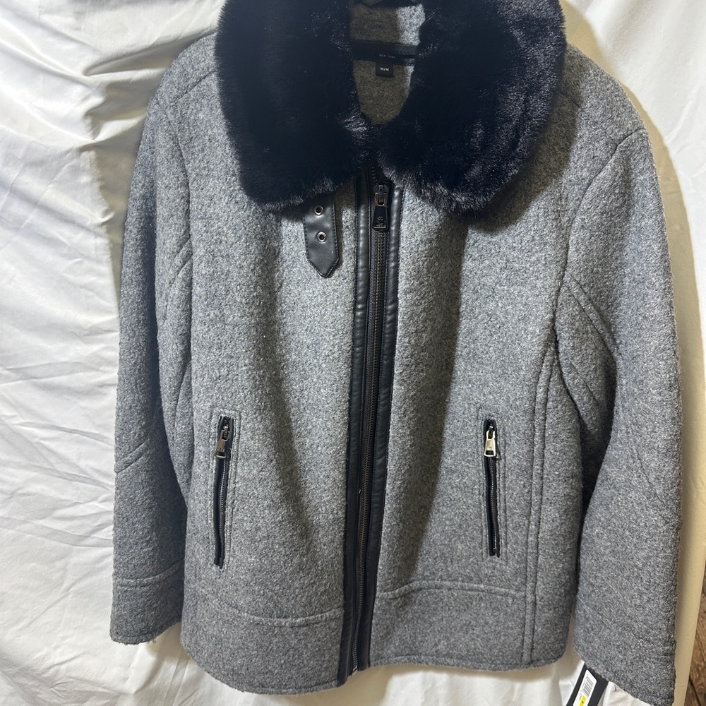 Kenneth Cole Gray Jacket with Black Faux Fur Collar